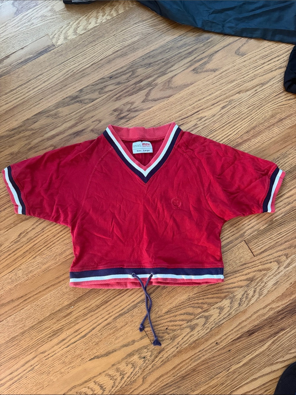 Mavi Red Cropped V-Neck Sweatshirt with Navy & White Stripes